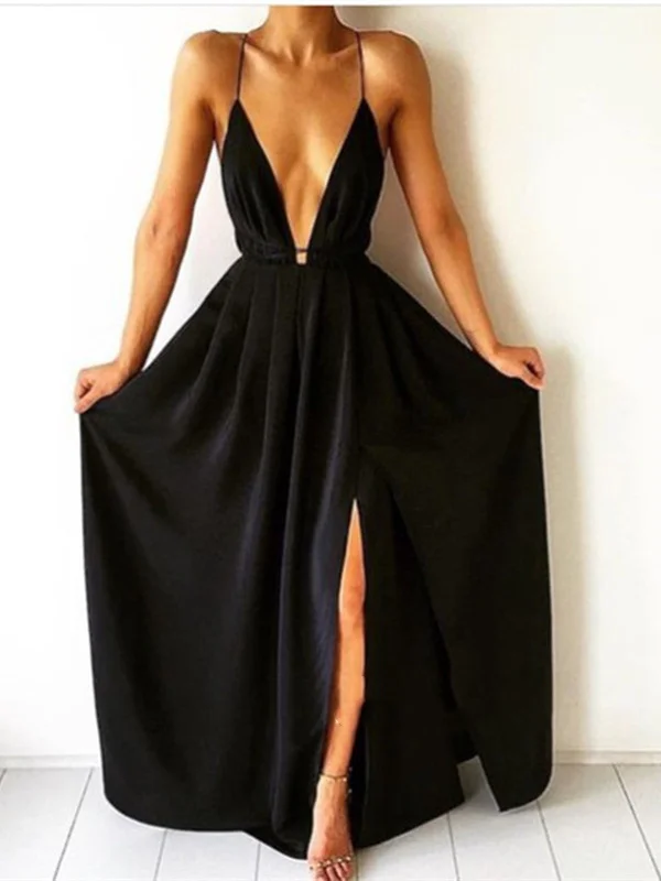 A Line V Neck Black Backless Prom Dresses, Black Backless Formal Dresses, Black Backless Bridesmaid Dresses