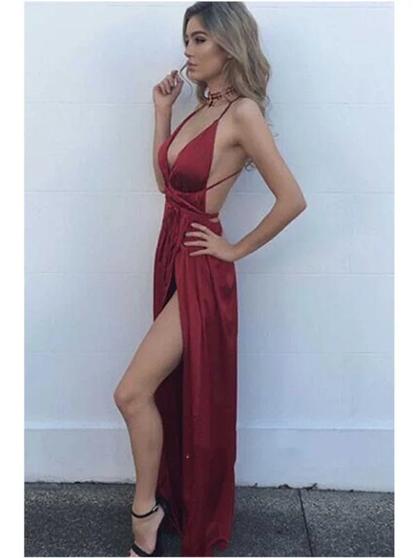 Sexy Burgundy V Neck Backless Long Prom Dresses, Wine Red Backless Formal Dresses