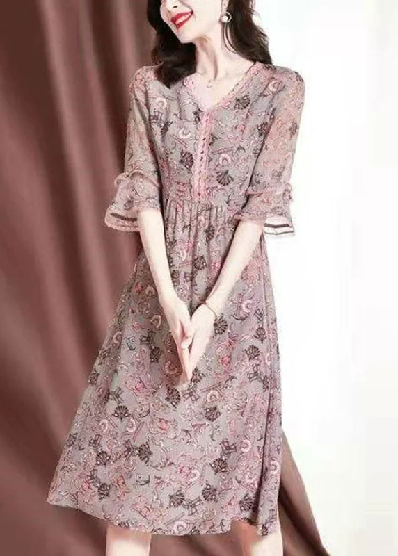 DIY Pink V Neck Lace Patchwork Print Chiffon Maxi Dresses Summer