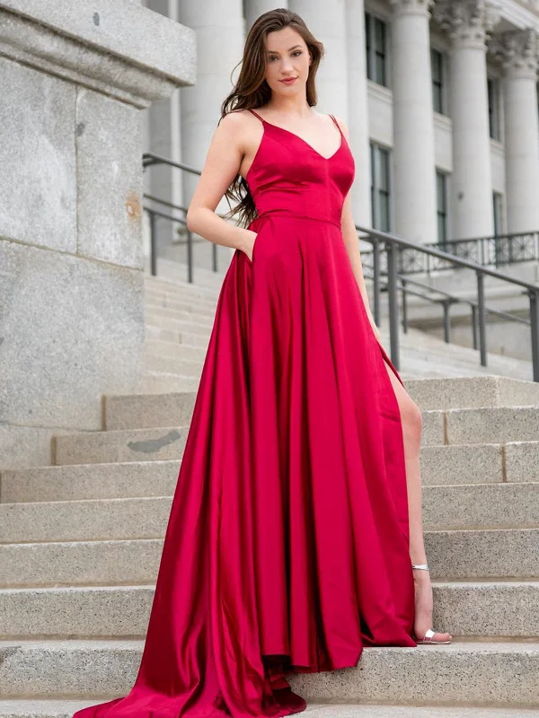 V Neck Burgundy Satin Long Prom Dresses with Side Slit, V Neck Burgundy Formal Graduation Evening Dresses SP2204