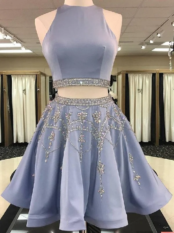 2 Pieces Satin Beaded Prom Dresses, 2 Pieces Homecoming Dresses, Formal Dresses, Graduation Dresses