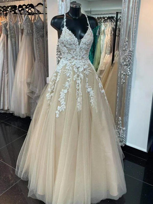 V Neck Backless Champagne Lace Long Prom Dresses, Champagne Lace Formal Dresses, Champagne Evening Dresses SP2157