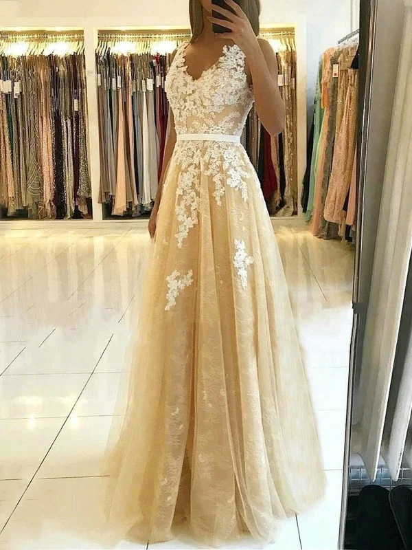 V Neck and V Back Champagne Lace Long Prom Dresses, Champagne Lace Formal Graduation Evening Dresses SP2209