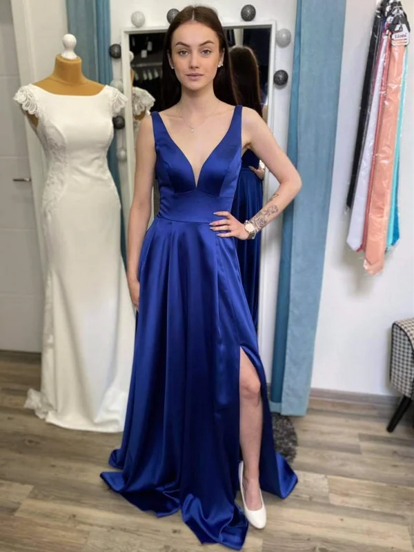 Simple V Neck Blue Satin Long Prom Dresses with Leg Slit, V Neck Blue Formal Graduation Evening Dresses SP2158