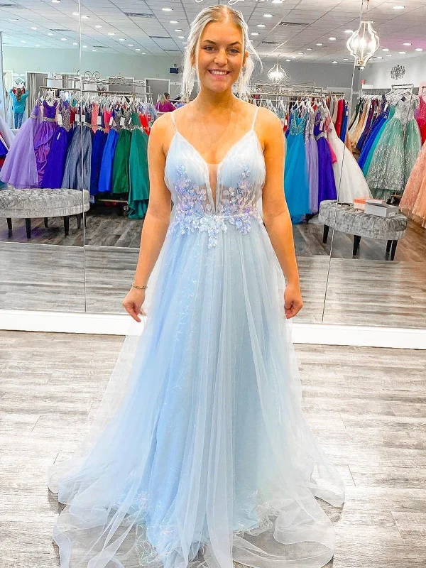 A Line V Neck Open Back Light Blue Long Prom Dresses with Lace Flowers, Light Blue Lace Floral Formal Graduation Evening Dresses SP2240