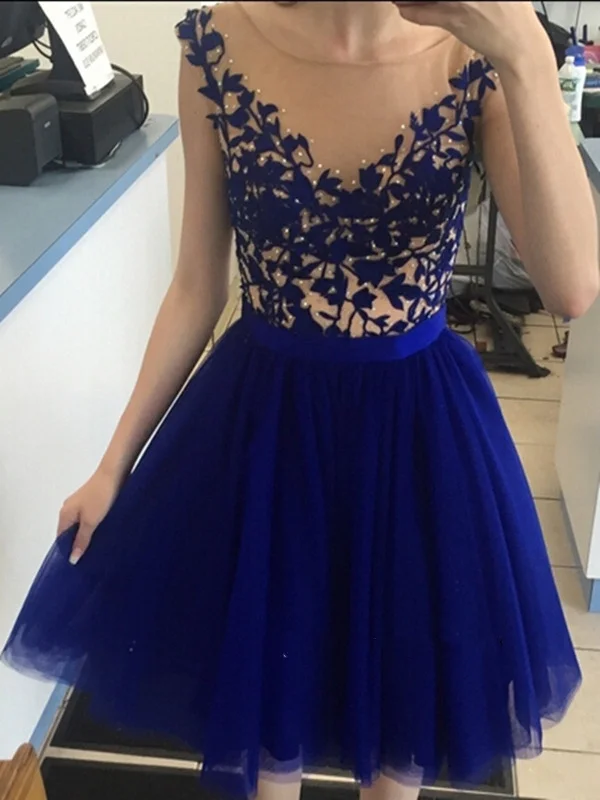 A Line Round Neck Cap Sleeves Short Royal Blue Lace Prom Dress, Short Royal Blue Homecoming Dress, Graduation Dress, Bridesmaid Dress