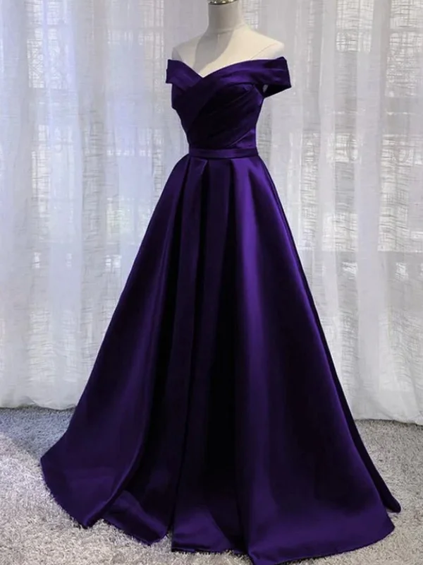 Off Shoulder Purple Satin Long Prom Dresses, Long Purple Formal Graduation Evening Dresses SP2540