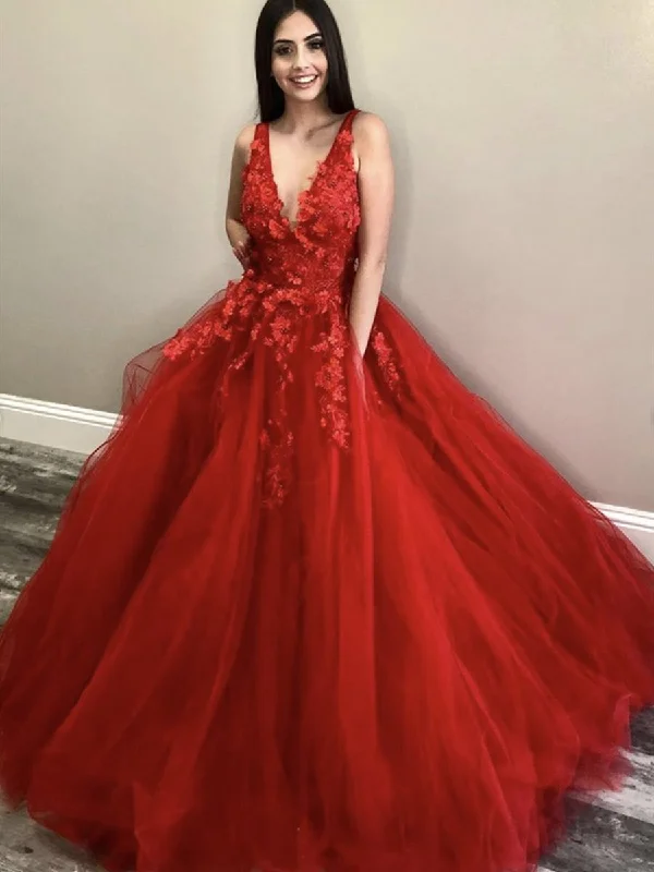 V Neck Long Red Lace Floral Prom Dresses, Red Lace Formal Dresses, Red Floral Evening Dresses