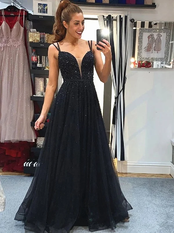 Elegant A Line V Neck Backless Beaded Top Black Long Prom Dresses, V Neck Backless Black Formal Graduation Evening Dresses