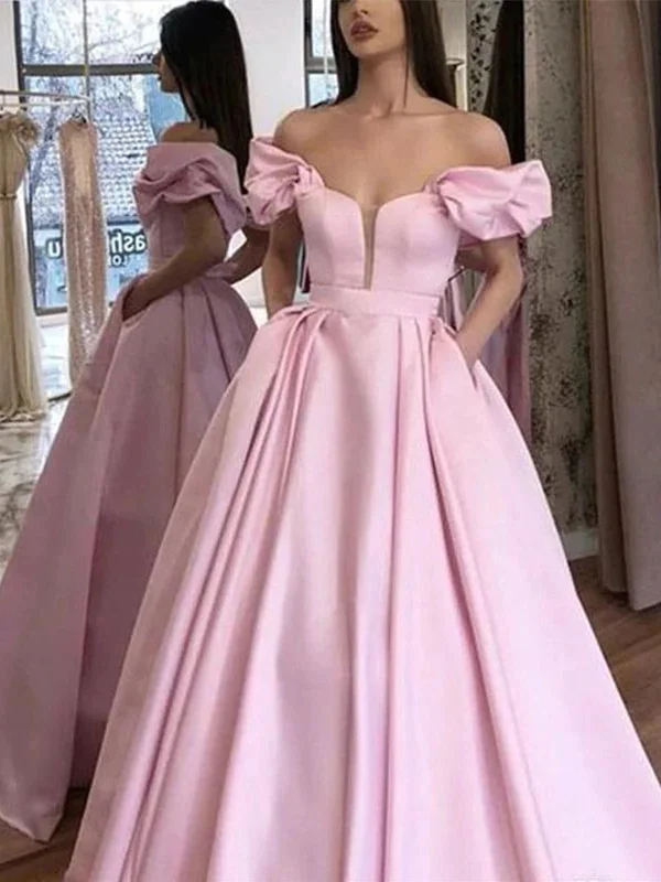 Off Shoulder Pink Satin Long Prom Dresses, Off the Shoulder Pink Formal Dresses, Pink Evening Dresses SP2320