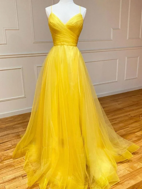 Simple V Neck Backless Yellow Tulle Long Prom Dresses, V Neck Yellow Long Formal Evening Dresses