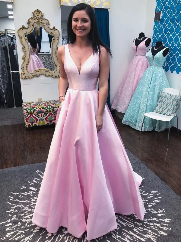 Princess V Neck Open Back Pink Long Prom Dresses, V Neck Pink Formal Dresses, Pink Evening Dresses SP2310