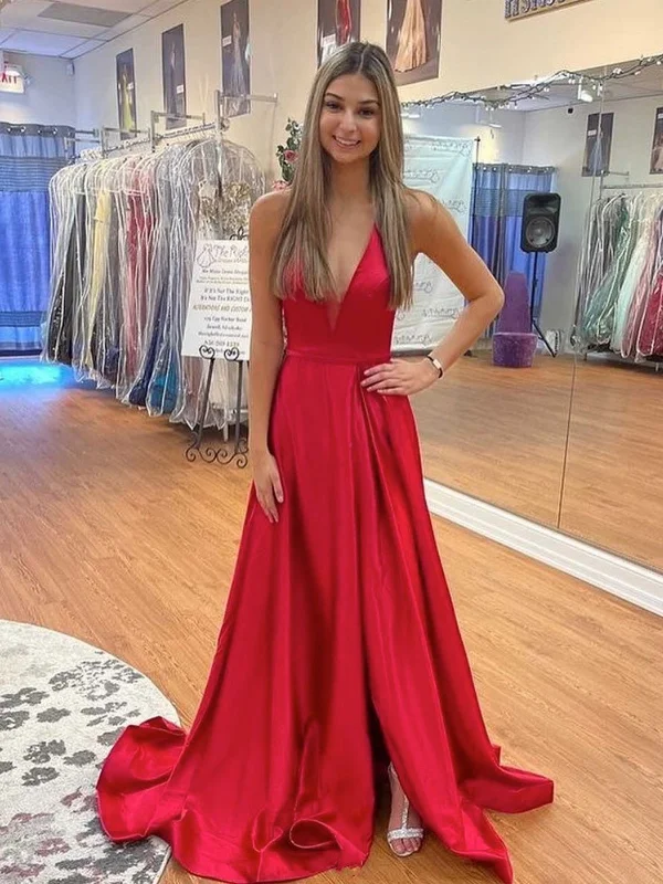 Simple V Neck Backless Red Satin Long Prom Dresses with High Slit, V Neck Red Formal Graduation Evening Dresses SP2126