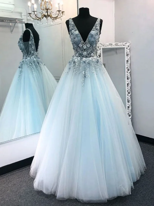 V Neck Tulle Floral Lace Appliques Long Sky Blue Prom Dresses, V Neck Sky Blue Formal Dresses, Blue Evening Dresses, Ball Gowns