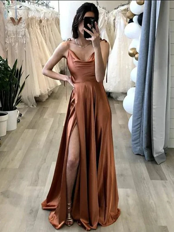 Elegant Brown Satin Long Prom Dresses with High Slit, Long Brown Formal Graduation Evening Dresses SP2307