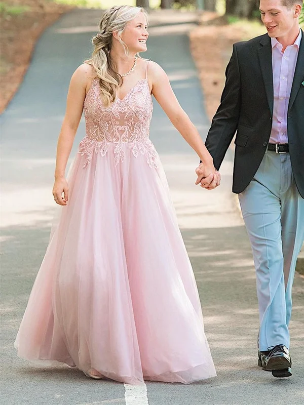 V Neck Backless Pink Lace Long Prom Dresses, Backless Pink Formal Dresses, Pink Lace Evening Dresses SP2165