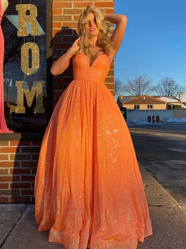 Shiny V Neck Backless Orange Long Prom Dresses, V Neck Orange Formal Dresses, Sparkly Orange Evening Dresses SP2222