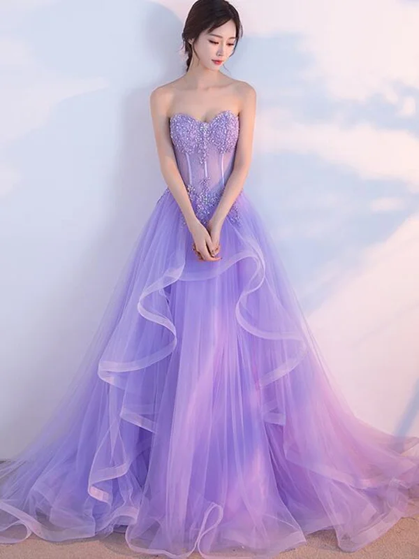 Elegant Strapless Open Back Purple Lace Long Prom Dresses, Purple Lace Formal Evening Dresses, Purple Ball Gown SP2233