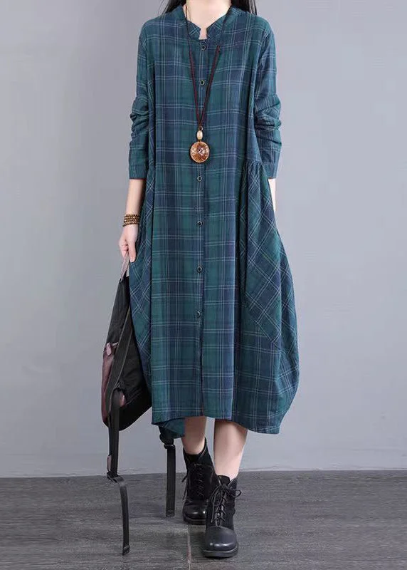 Blue Plaid Pockets Cotton Shirts Dress Stand Collar Fall