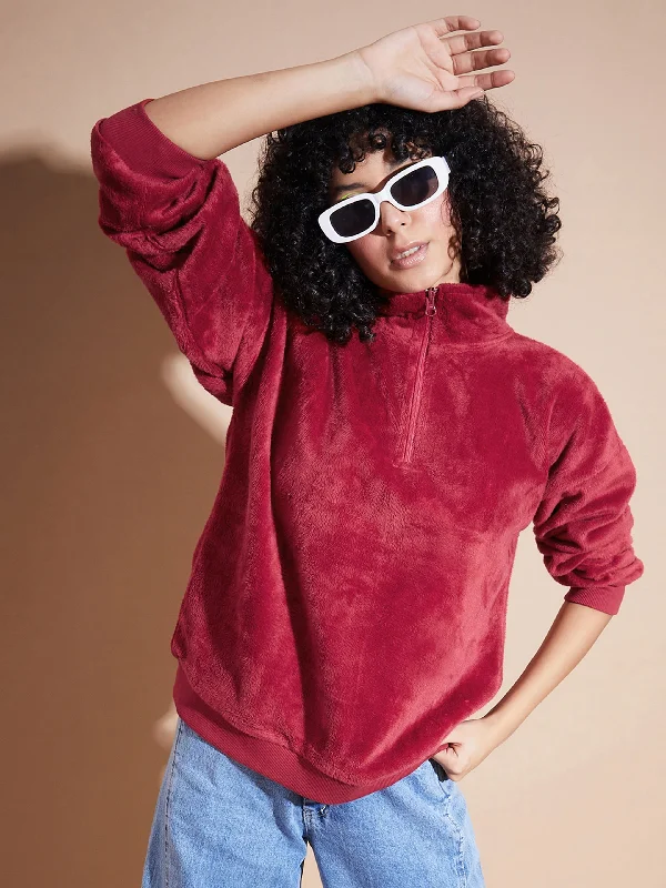 Women Maroon Front Zipper High Neck Sweatshirt