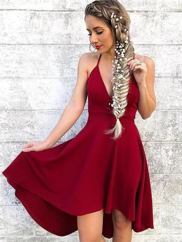 Cute A Line Halter Neck Burgundy Short Prom Dresses, Burgundy Homecoming Dresses