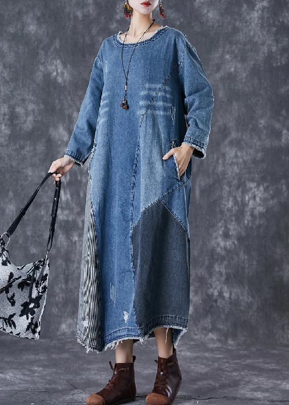 Art Blue Oversized Patchwork Denim Long Dress Fall