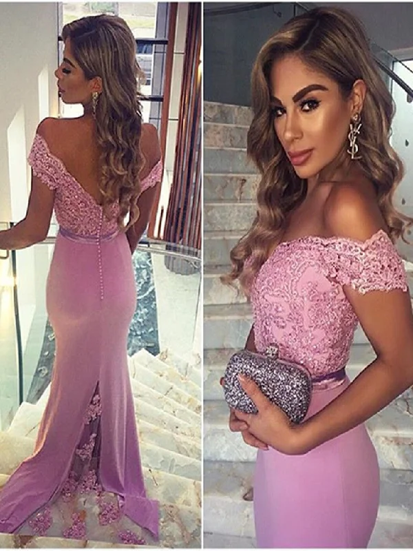 Custom Made Off Shoulder Mermaid Lace Prom Dresses, Mermaid Lace Formal Dresses, Off Shoulder Bridesmaid Dresses