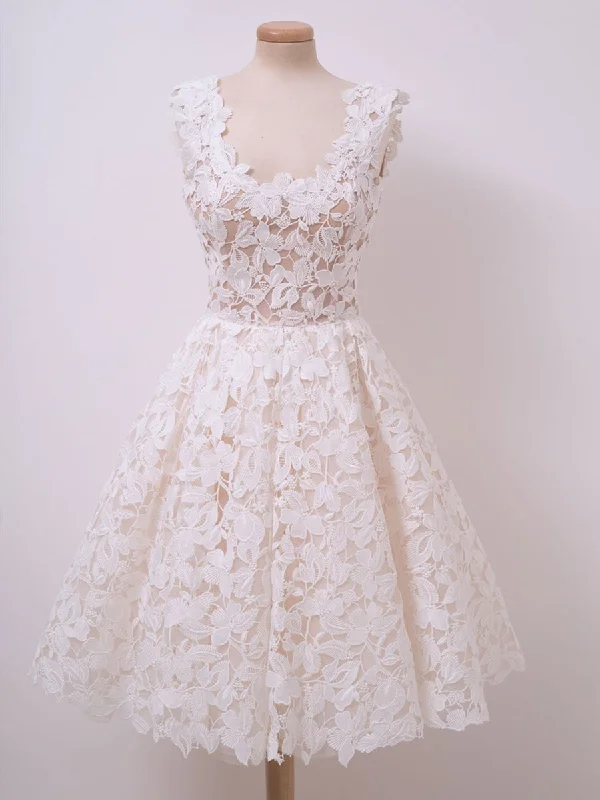 Cute Ivory Lace Short Prom Dresses White Homecoming Dresses, Lace Graduation Dresses, Evening Dresses 2019