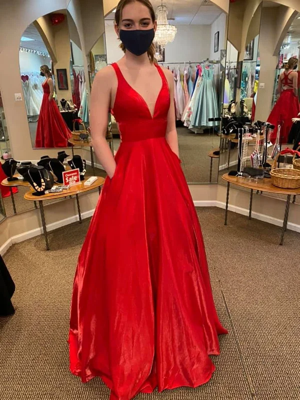 A Line V Neck Red Satin Long Prom Dresses with Pocket, V Neck Red Formal Graduation Evening Dresses SP2356