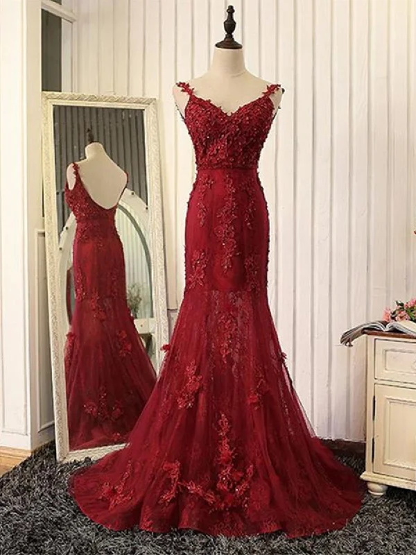 V Neck Mermaid Backless Burgundy Lace Tulle Long Prom Dresses with Train, Burgundy Lace Formal Dresses, Burgundy Evening Dresses