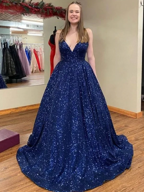 Shiny V Neck Navy Blue Long Prom Dresses, Sparkly Navy Blue Formal Evening Dresses, Ball Gown SP2333