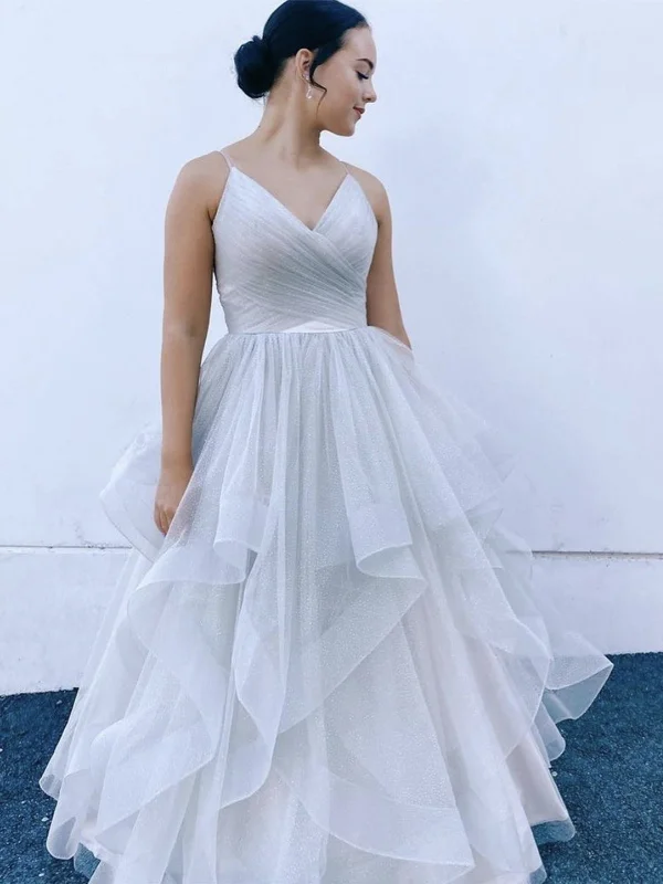 V Neck Fluffy Light Gray Long Prom Dresses, V Neck Light Gray Formal Evening Dresses, Light Gray Ball Gown SP2099