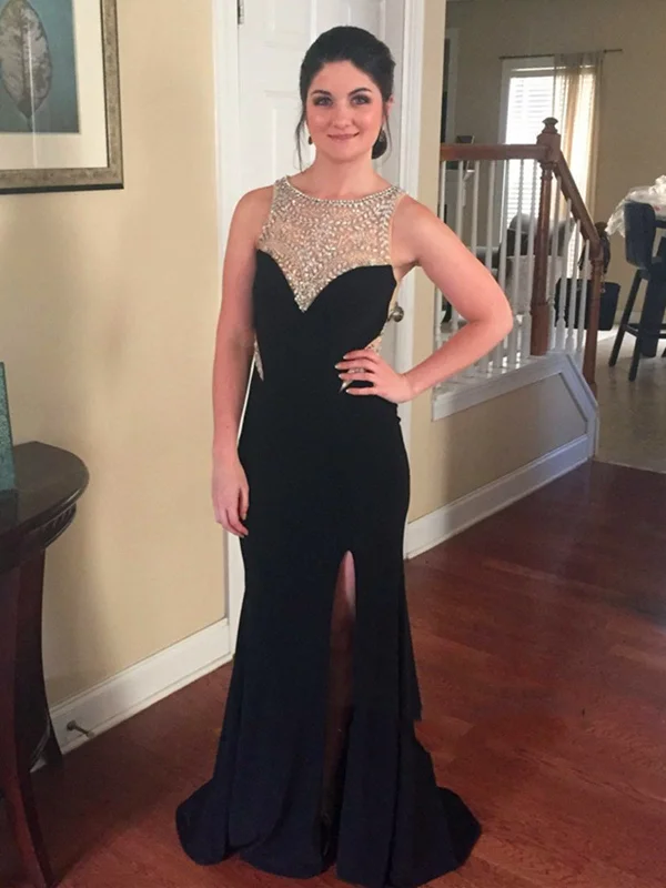 A Line Round Neck Beaded Black Prom Dresses, Black Formal Dresses, Evening Dresses