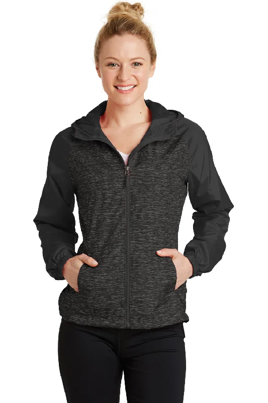 Sport-Tek Womens Wind & Water Resistant Full Zip Hooded Jacket - Heather Black/Black - Closeout