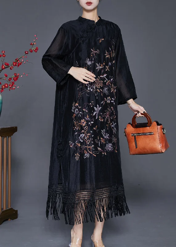 Fitted Black Embroideried Tasseled Linen Silk Ankle Dress Fall