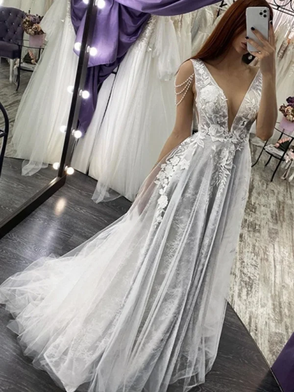 A Line V Neck Open Back Beaded Ivory Lace Long Prom Dresses with Gray Lining, Ivory Lace Wedding Dresses, Ivory Formal Evening Dresses