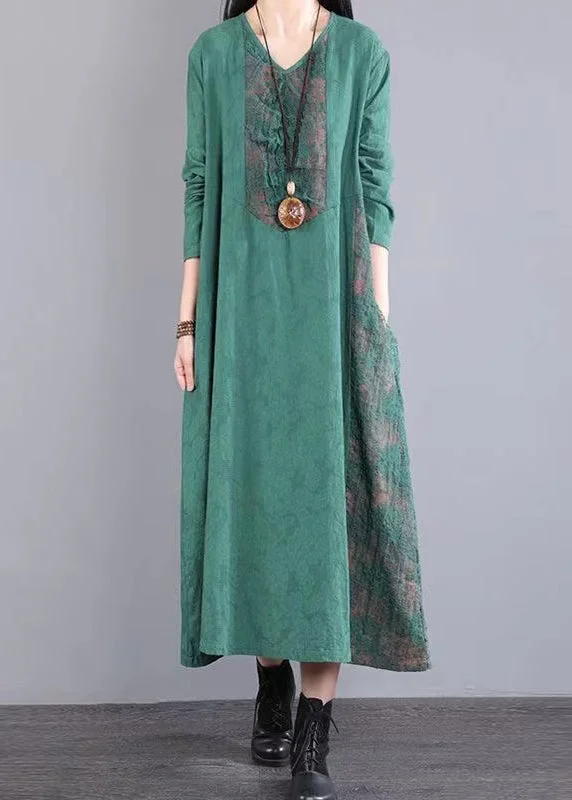 Loose Green Pockets Hollow Out Lace Patchwork Cotton Dress Fall