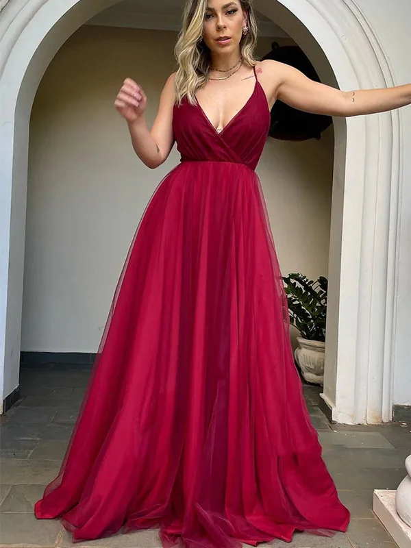 V Neck Backless Burgundy Tulle Long Prom Dresses, Backless Maroon Formal Dresses, Burgundy Evening Dresses SP2418