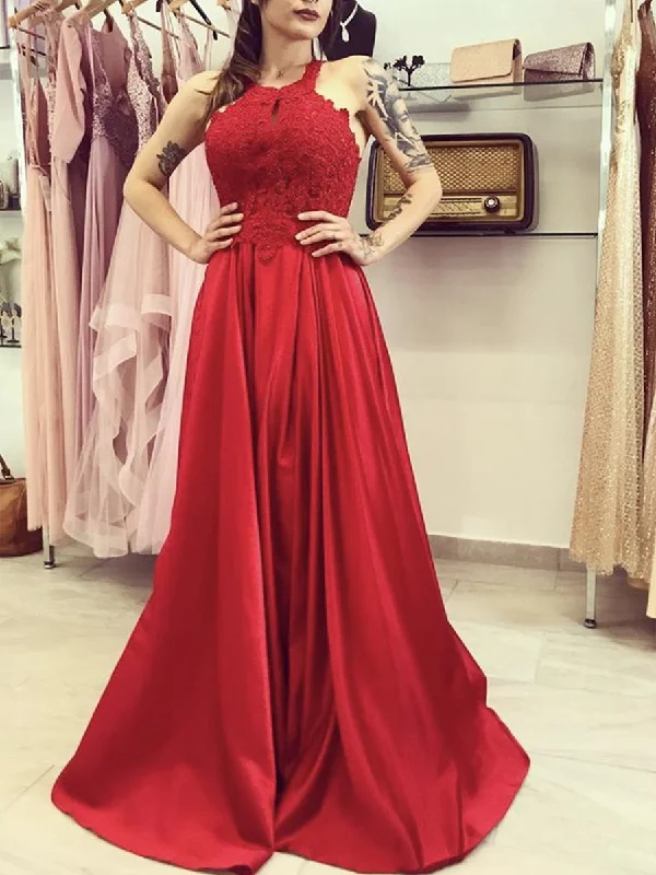 A Line Red Lace Long Prom Dresses, Long Red Lace Formal Graduation Evening Dresses