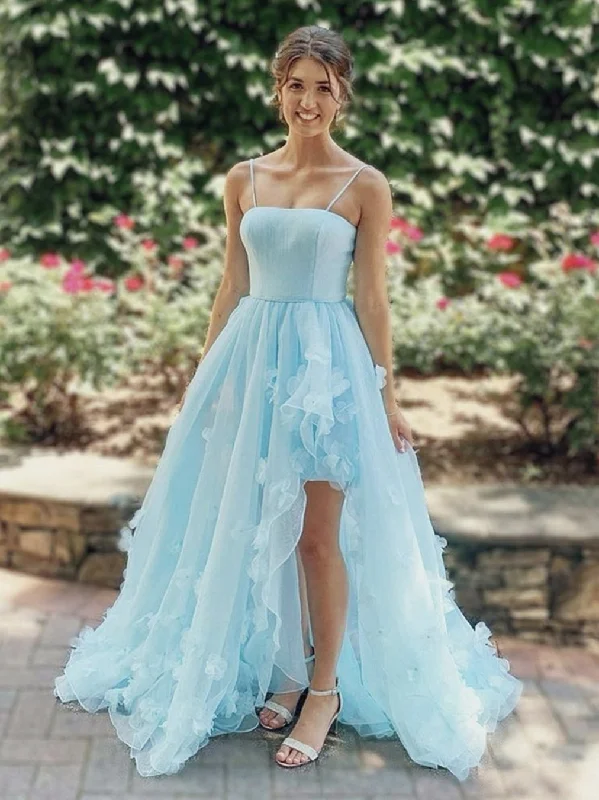 High Low Light Blue Floral Long Prom Dresses, High Low Blue Formal Evening Dresses