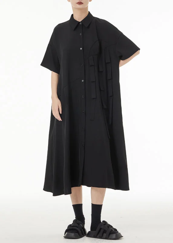 Unique Black Peter Pan Collar Patchwork Button Cotton Long Dress Summer