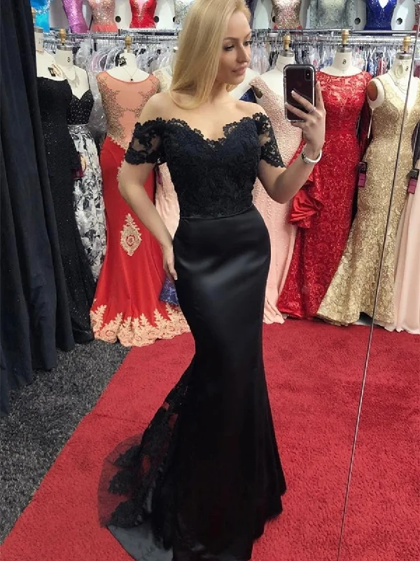 Off Shoulder Mermaid Lace Black Long Prom Dresses, Off Shoulder Black Lace Formal Dresses, Mermaid Black Lace Evening Dresses