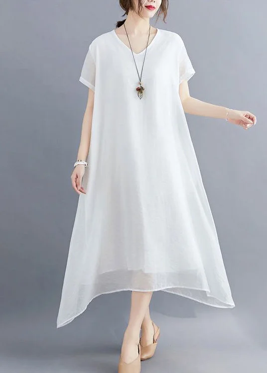 Classy White V Neck Exra Large Hem Cotton A Line Dresses Summer