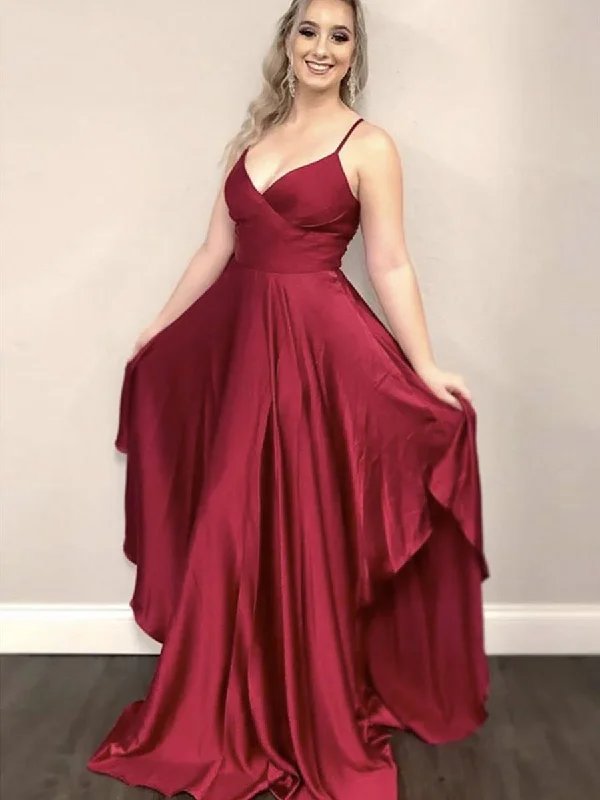 Unique A Line V Neck Burgundy Long Prom Dresses, V Neck Burgundy Formal Graduation Evening Dresses