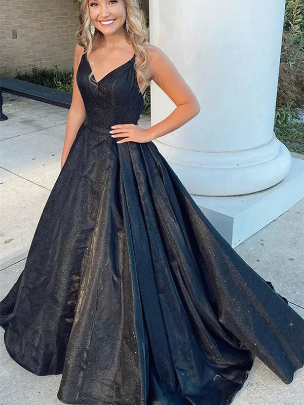 Shiny V Neck Backless Black Long Prom Dresses, Open Back Black Formal Graduation Evening Dresses SP2393