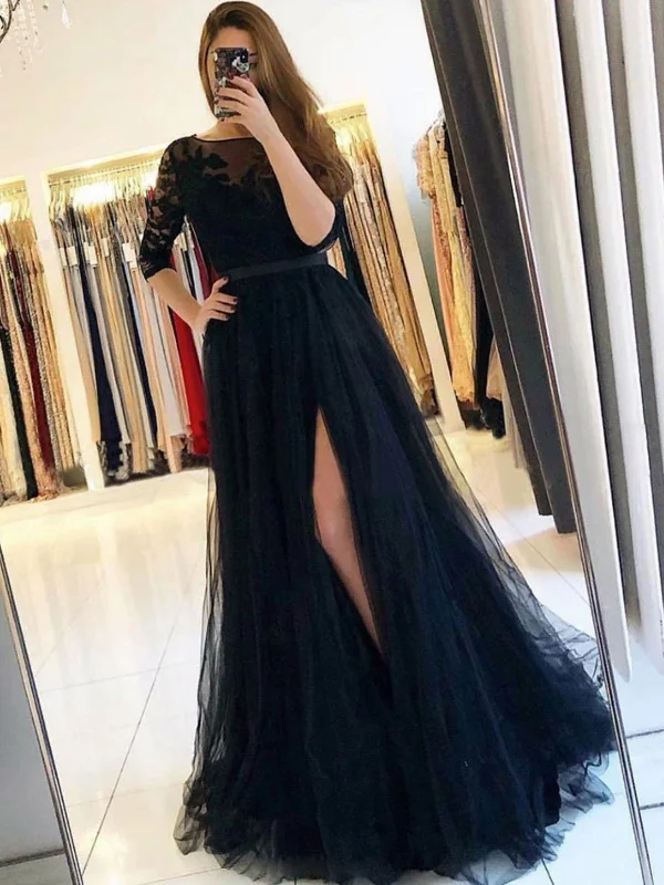 Half Sleeves Open Back Black Lace Long Prom Dresses with High Slit, Black Lace Formal Dresses, Black Evening Dresses SP2119