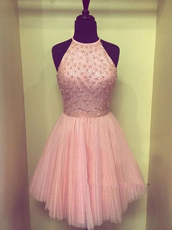 Round Neck Short Pink Prom Dresses, Short Pink Formal Dresses, Short Graduation Dresses, Pink Homecoming Dresses