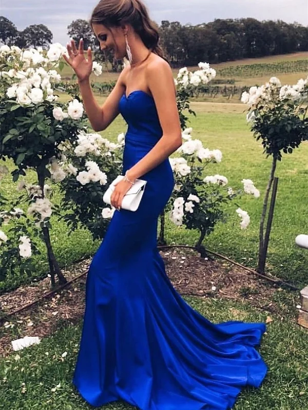 Sweetheart Neck Strapless Mermaid Royal Blue Long Prom Dresses, Strapless Mermaid Royal Blue Formal Dresses, Royal Blue Mermaid Evening Dresses