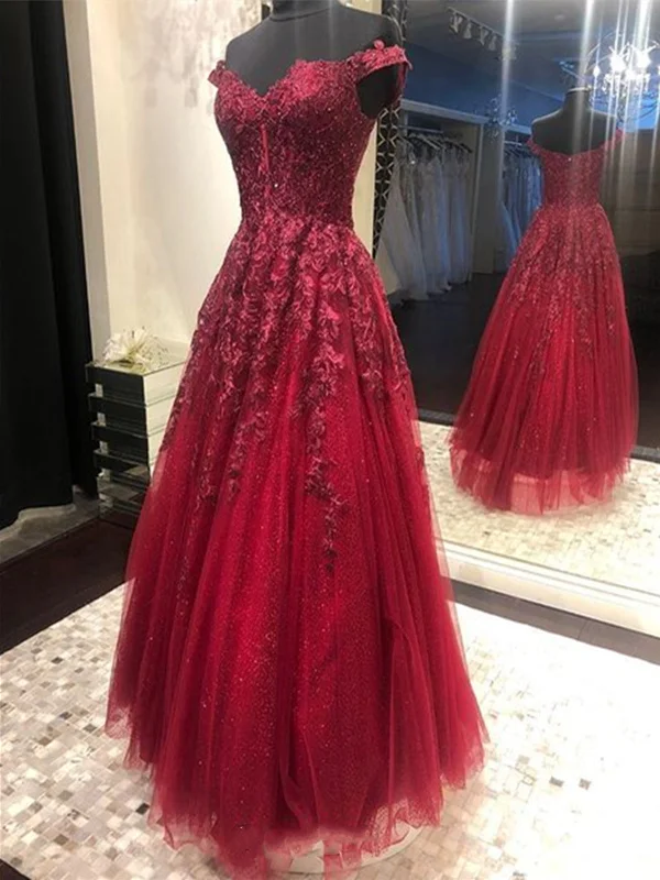 Off Shoulder Burgundy Lace Long Prom Dresses, Off the Shoulder Burgundy Formal Dresses, Burgundy Evening Dresses SP2167