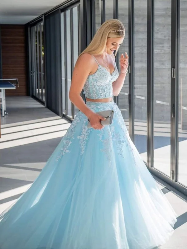 V Neck Open Back Two Pieces Blue Lace Long Prom Dresses, 2 Pieces Blue Formal Dresses, Blue Lace Evening Dresses SP2129